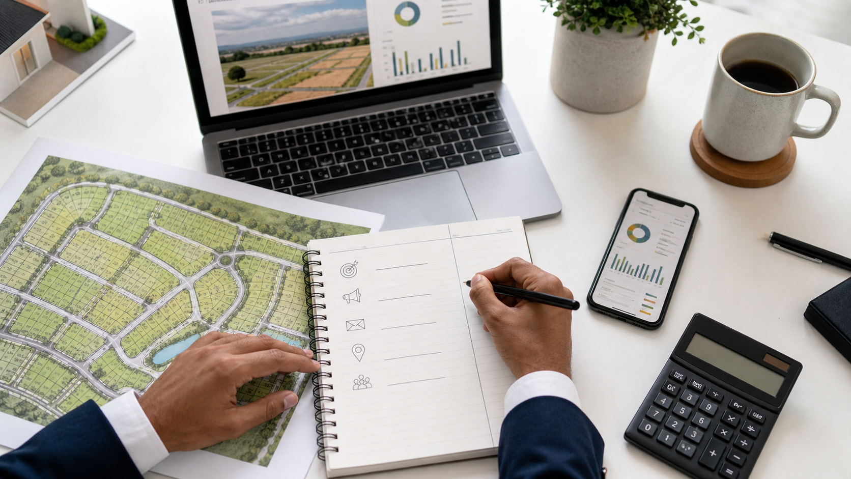 Realtor planning the marketing budget for an open plotting layout project