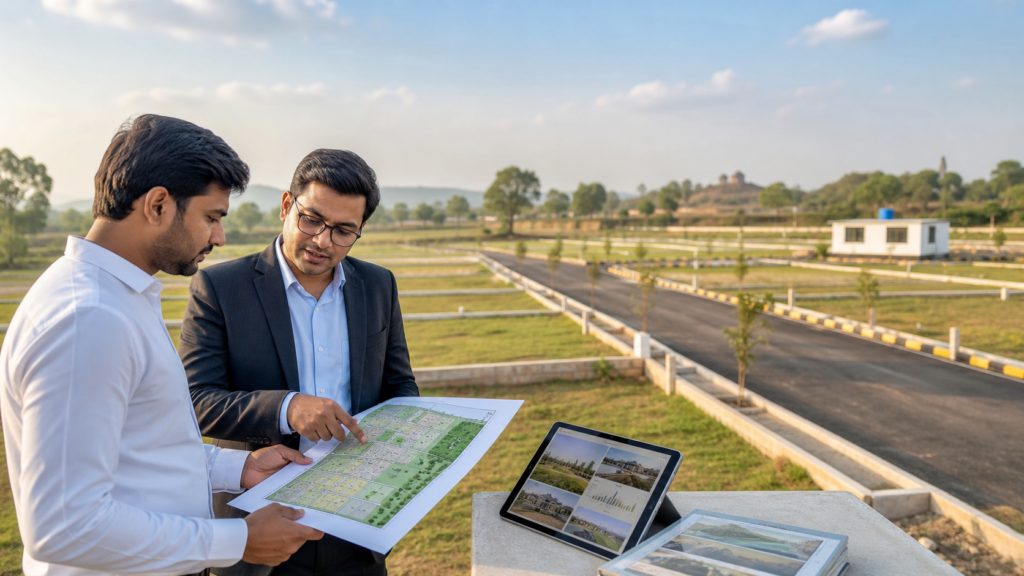 Realtor explaining an open plotting layout project to a buyer at a developed site