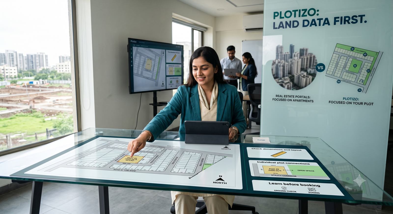 a female employee sitting in the plotizo office and observing the plotting layout print on the table